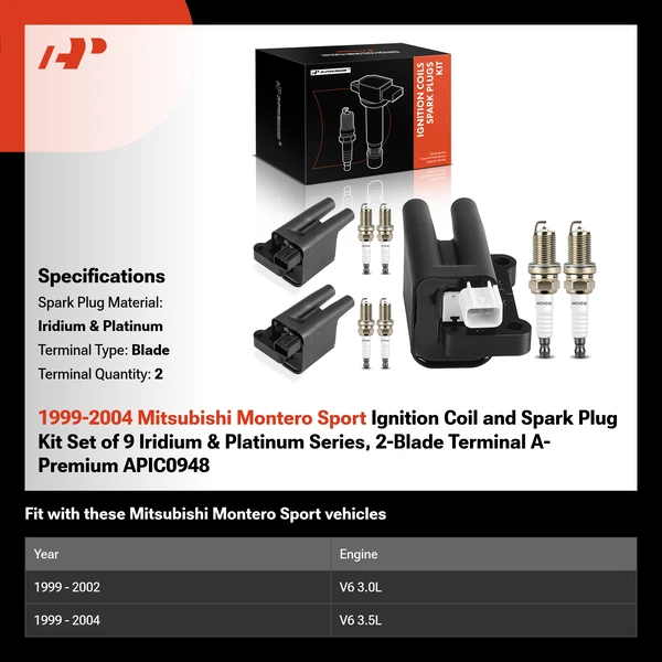 1999-2004 Mitsubishi Montero Sport Ignition Coil and Spark Plug Kit Set of 9 Iridium & Platinum Series, 2-Blade Terminal A-Premium APIC0948