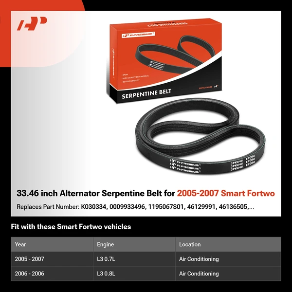 33.46 inch Alternator Serpentine Belt for 2005-2007 Smart Fortwo