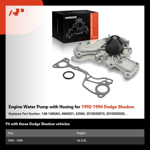 Engine Water Pump with Hosing for 1992-1994 Dodge Shadow