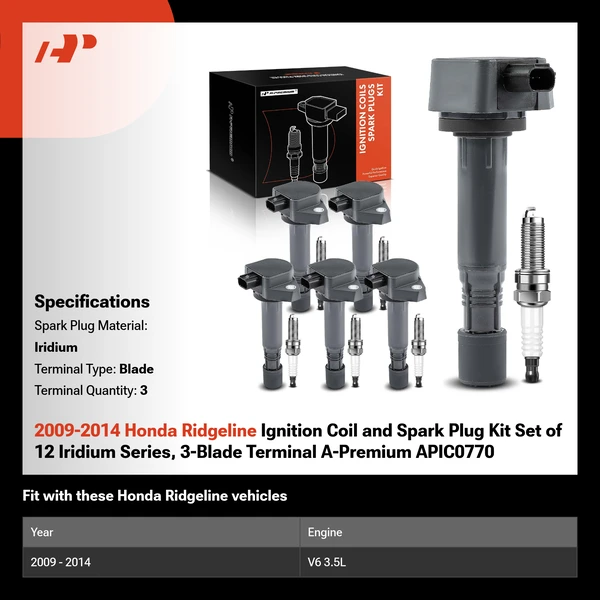 2009-2014 Honda Ridgeline Ignition Coil and Spark Plug Kit Set of 12 Iridium Series, 3-Blade Terminal A-Premium APIC0770