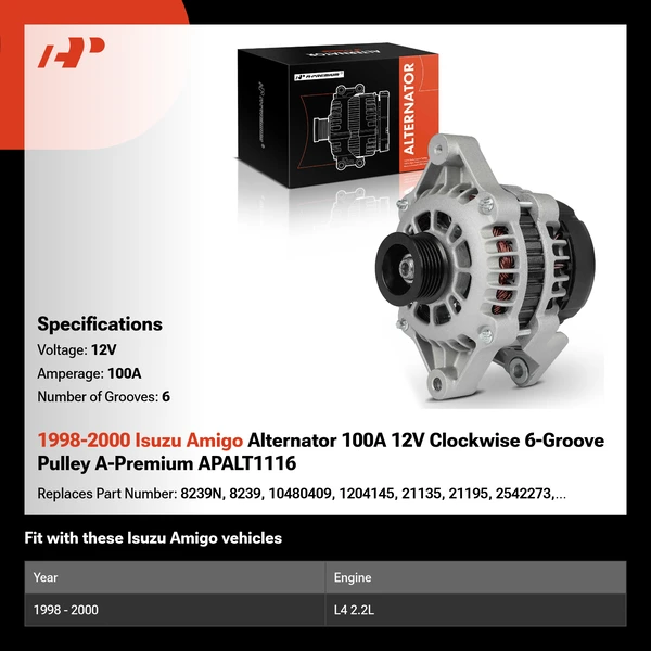 1998-2000 Isuzu Amigo Alternator 100A 12V Clockwise 6-Groove Pulley A-Premium APALT1116
