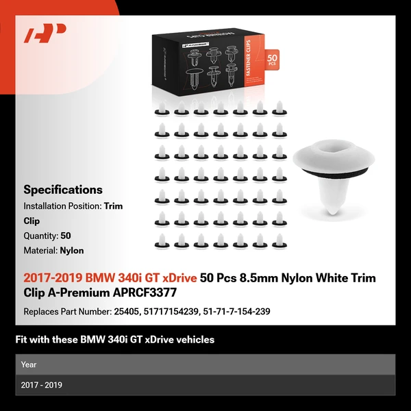 2017-2019 BMW 340i GT xDrive 50 Pcs 8.5mm Nylon White Trim Clip A-Premium APRCF3377