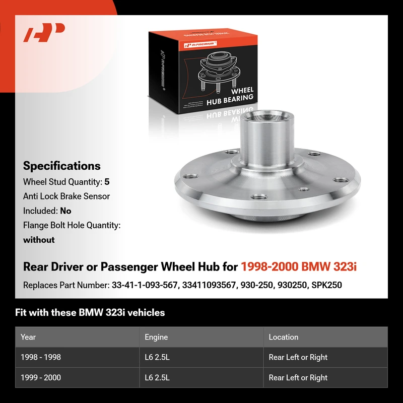 Rear Driver or Passenger Wheel Hub for 1998-2000 BMW 323i