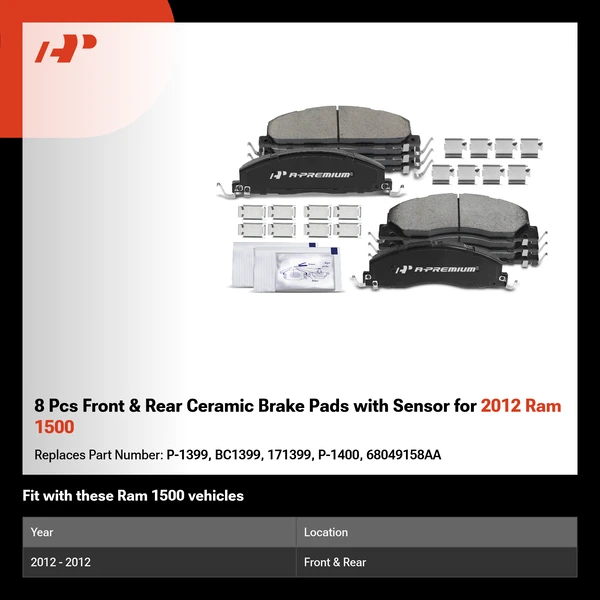 8 Pcs Front & Rear Ceramic Brake Pads with Sensor for 2012 Ram 1500