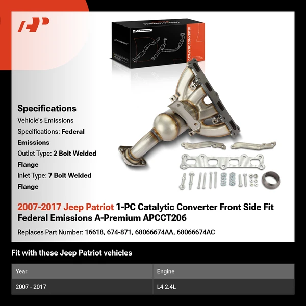 2007-2017 Jeep Patriot 1-PC Catalytic Converter Front Side Fit Federal Emissions A-Premium APCCT206