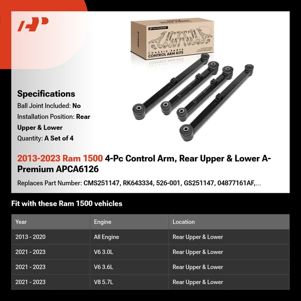 2013-2023 Ram 1500 4-Pc Control Arm, Rear Upper & Lower A-Premium APCA6126