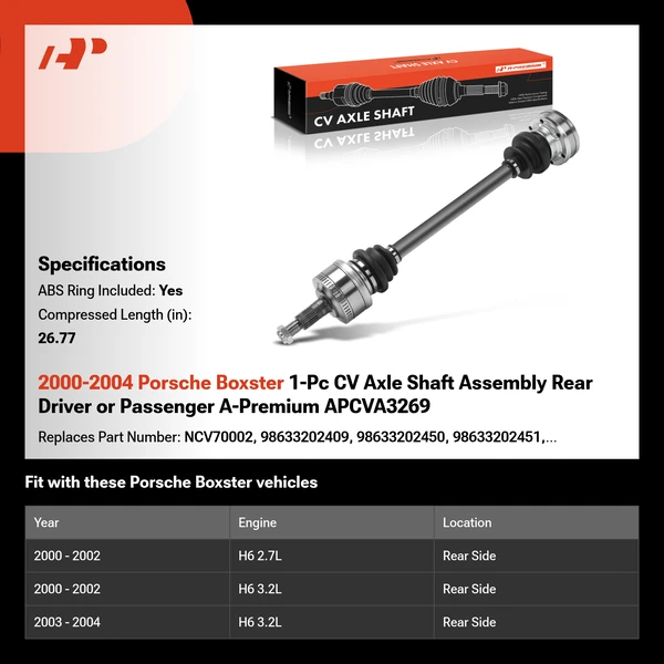 2000-2004 Porsche Boxster 1-Pc CV Axle Shaft Assembly Rear Driver or Passenger A-Premium APCVA3269