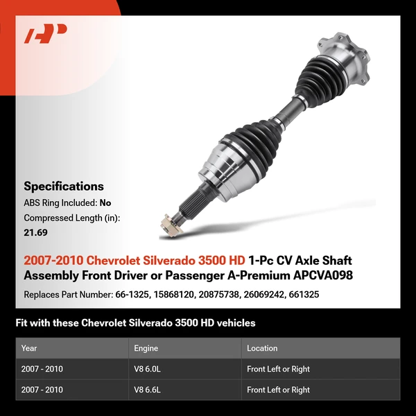 2007-2010 Chevrolet Silverado 3500 HD 1-Pc CV Axle Shaft Assembly Front Driver or Passenger A-Premium APCVA098