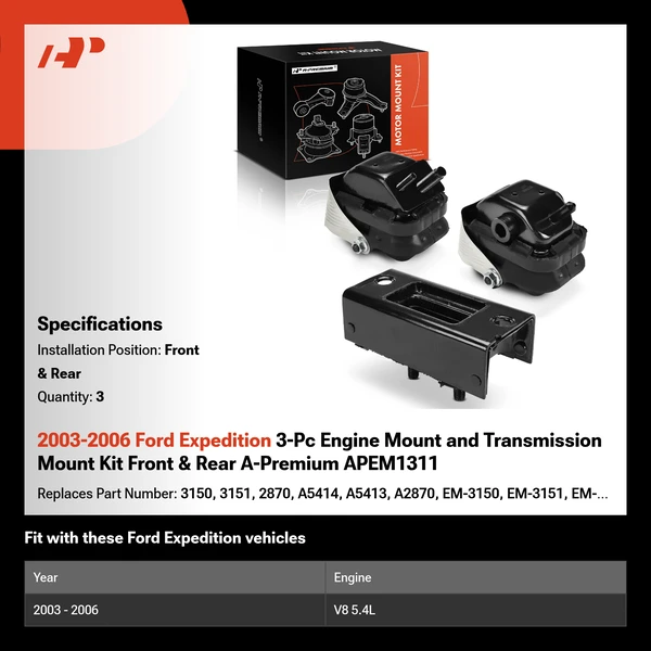 2003-2006 Ford Expedition 3-Pc Engine Mount and Transmission Mount Kit Front & Rear A-Premium APEM1311