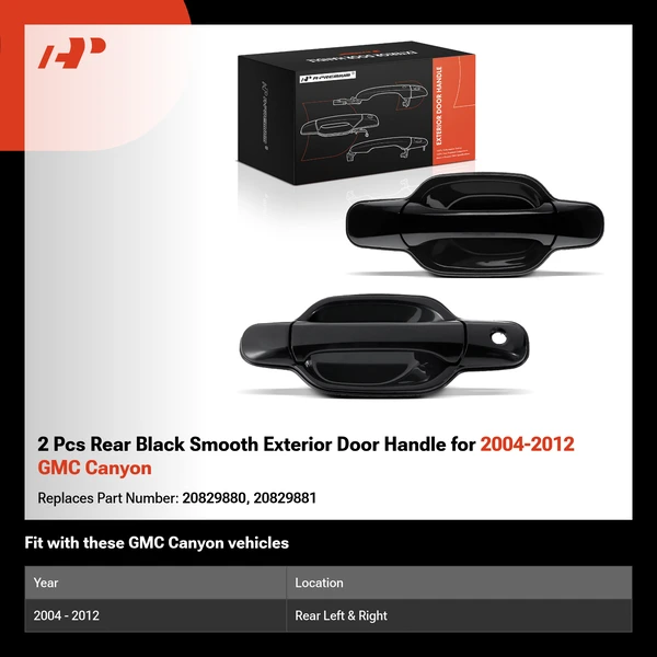 2 Pcs Rear Black Smooth Exterior Door Handle for 2004-2012 GMC Canyon