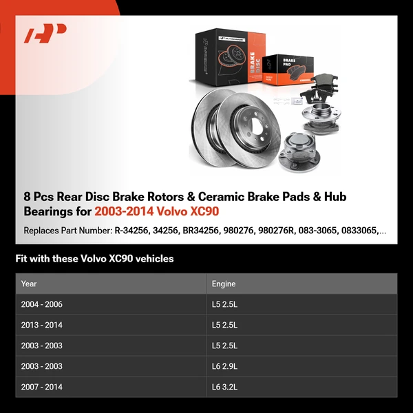 8 Pcs Rear Disc Brake Rotors & Ceramic Brake Pads & Hub Bearings for 2003-2014 Volvo XC90