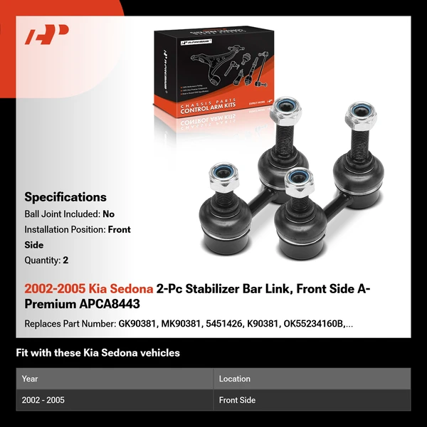 2002-2005 Kia Sedona 2-Pc Stabilizer Bar Link, Front Side A-Premium APCA8443