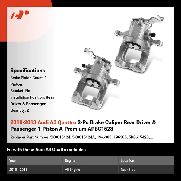 2010-2013 Audi A3 Quattro 2-Pc Brake Caliper Rear Driver & Passenger 1-Piston A-Premium APBC1523
