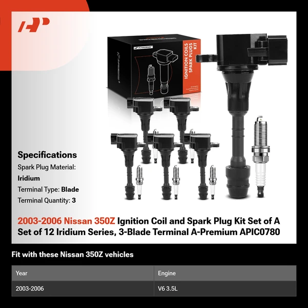 2003-2006 Nissan 350Z Ignition Coil and Spark Plug Kit Set of A Set of 12 Iridium Series, 3-Blade Terminal A-Premium APIC0780