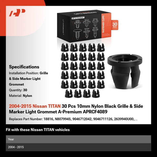 2004-2015 Nissan TITAN 30 Pcs 10mm Nylon Black Grille & Side Marker Light Grommet A-Premium APRCF4089