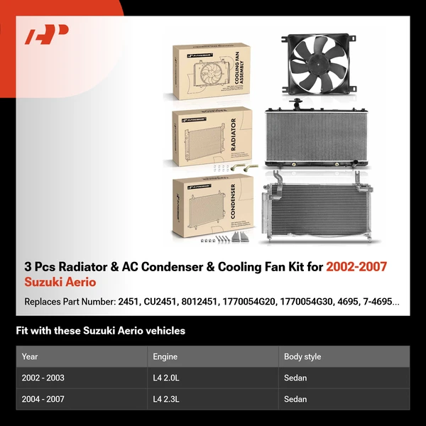 3 Pcs Radiator & AC Condenser & Cooling Fan Kit for 2002-2007 Suzuki Aerio
