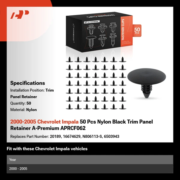 2000-2005 Chevrolet Impala 50 Pcs Nylon Black Trim Panel Retainer A-Premium APRCF062