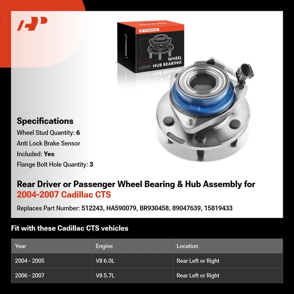 Rear Driver or Passenger Wheel Bearing & Hub Assembly for 2004-2007 Cadillac CTS