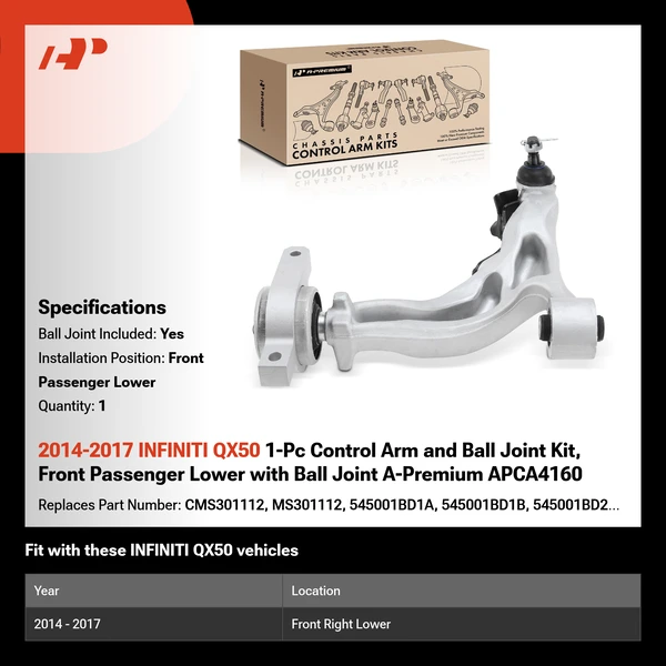 2014-2017 INFINITI QX50 1-Pc Control Arm and Ball Joint Kit, Front Passenger Lower with Ball Joint A-Premium APCA4160