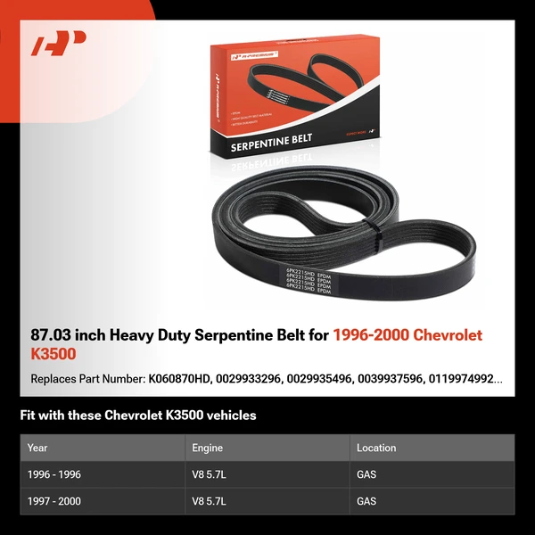 87.03 inch Heavy Duty Serpentine Belt for 1996-2000 Chevrolet K3500