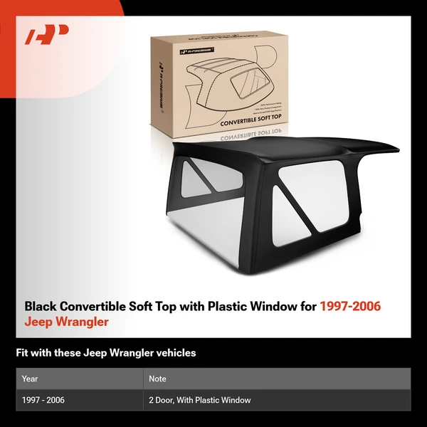 Black Convertible Soft Top with Plastic Window for 1997-2006 Jeep Wrangler