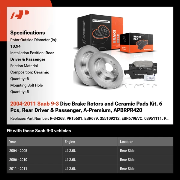 2004-2011 Saab 9-3 Disc Brake Rotors and Ceramic Pads Kit, 6 Pcs, Rear Driver & Passenger, A-Premium, APBRPR420