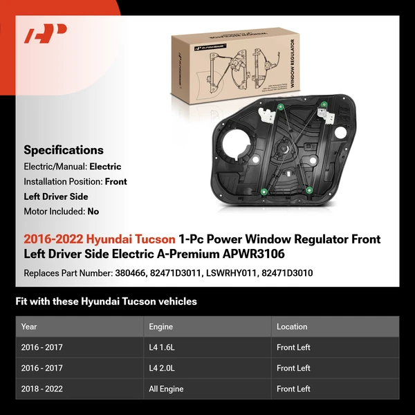 2016-2022 Hyundai Tucson 1-Pc Power Window Regulator Front Left Driver Side Electric A-Premium APWR3106