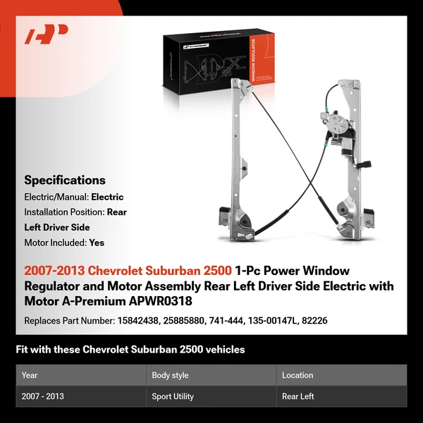 2007-2013 Chevrolet Suburban 2500 1-Pc Power Window Regulator and Motor Assembly Rear Left Driver Side Electric with Motor A-Premium APWR0318