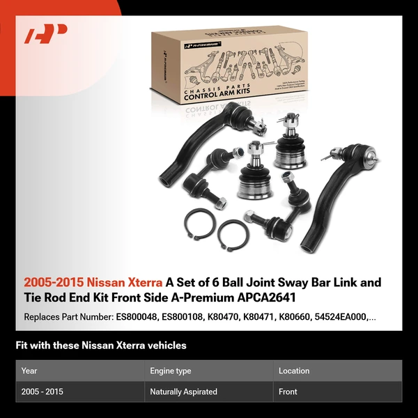 2005-2015 Nissan Xterra A Set of 6 Ball Joint Sway Bar Link and Tie Rod End Kit Front Side A-Premium APCA2641