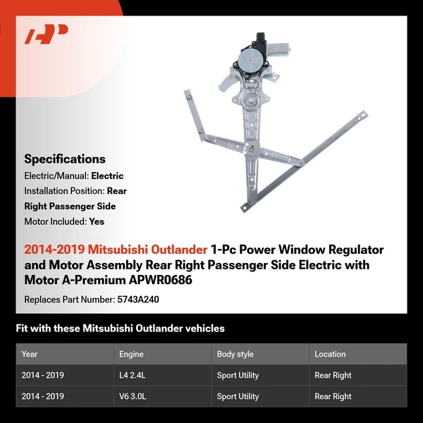 2014-2019 Mitsubishi Outlander 1-Pc Power Window Regulator and Motor Assembly Rear Right Passenger Side Electric with Motor A-Premium APWR0686
