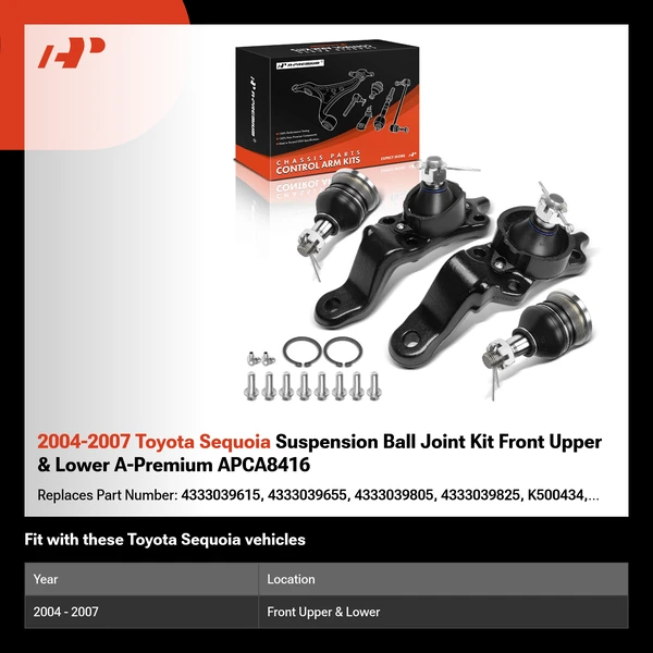 2004-2007 Toyota Sequoia Suspension Ball Joint Kit Front Upper & Lower A-Premium APCA8416
