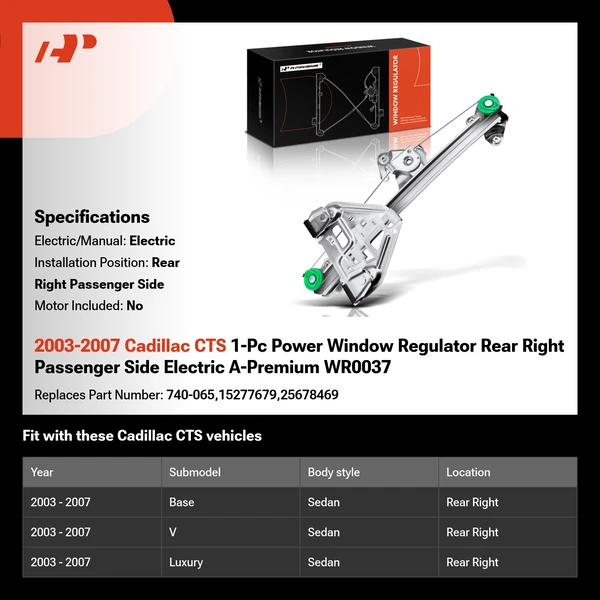 2003-2007 Cadillac CTS 1-Pc Power Window Regulator Rear Right Passenger Side Electric A-Premium WR0037
