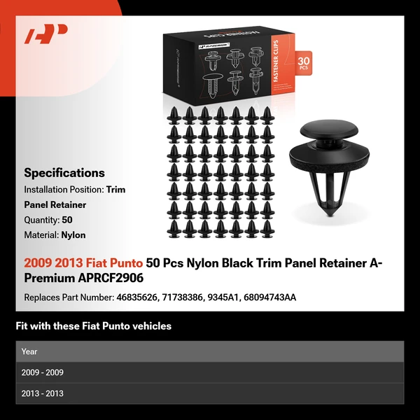 2009 2013 Fiat Punto 50 Pcs Nylon Black Trim Panel Retainer A-Premium APRCF2906