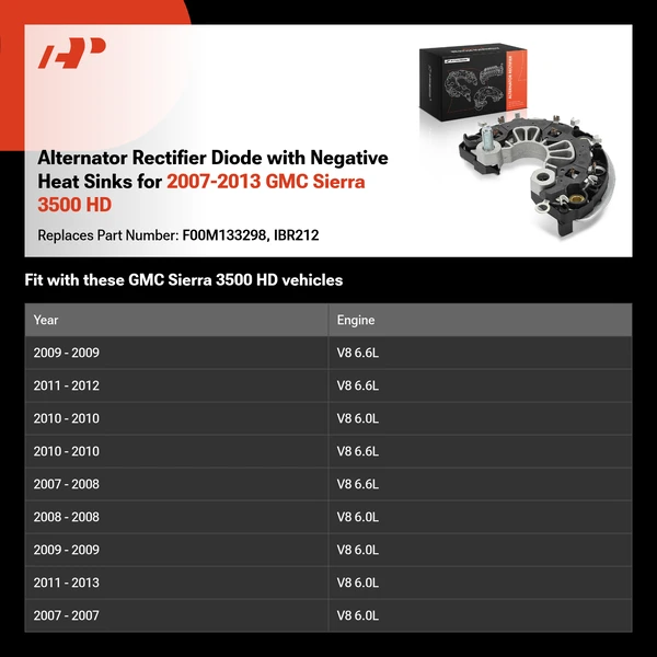 Alternator Rectifier Diode with Negative Heat Sinks for 2007-2013 GMC Sierra 3500 HD