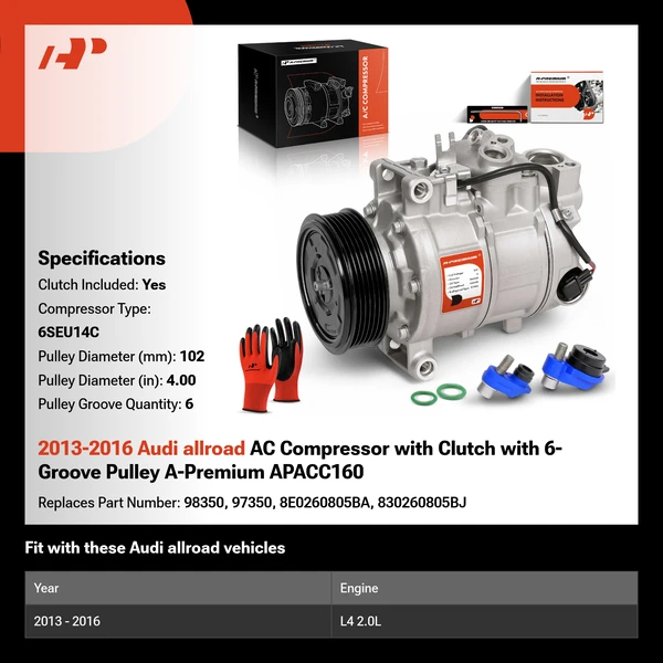 2013-2016 Audi allroad AC Compressor with Clutch with 6-Groove Pulley A-Premium APACC160