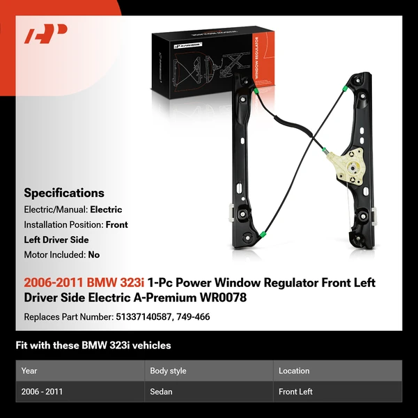 2006-2011 BMW 323i 1-Pc Power Window Regulator Front Left Driver Side Electric A-Premium WR0078