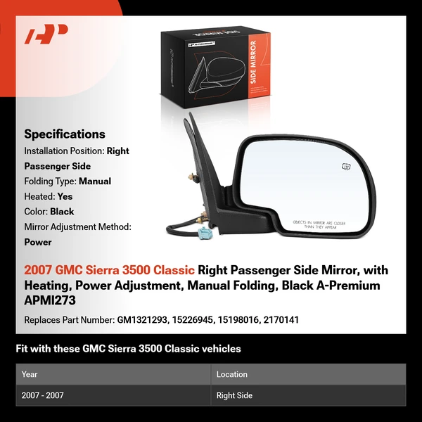 2007 GMC Sierra 3500 Classic Right Passenger Side Mirror, with Heating, Power Adjustment, Manual Folding, Black A-Premium APMI273