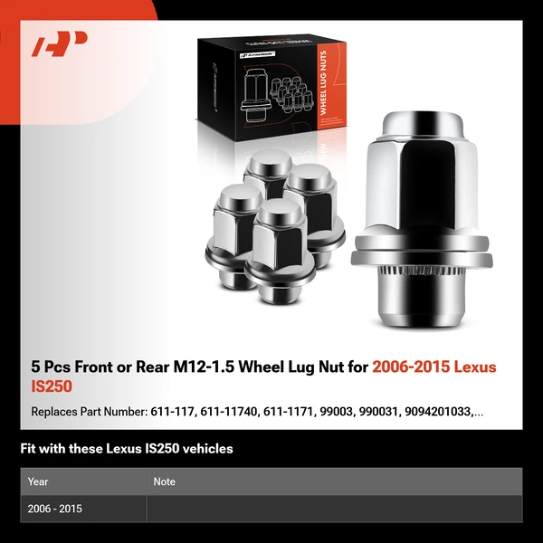 5 Pcs Front or Rear M12-1.5 Wheel Lug Nut for 2006-2015 Lexus IS250
