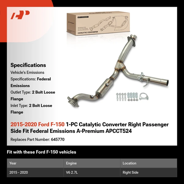2015-2020 Ford F-150 1-PC Catalytic Converter Right Passenger Side Fit Federal Emissions A-Premium APCCT524