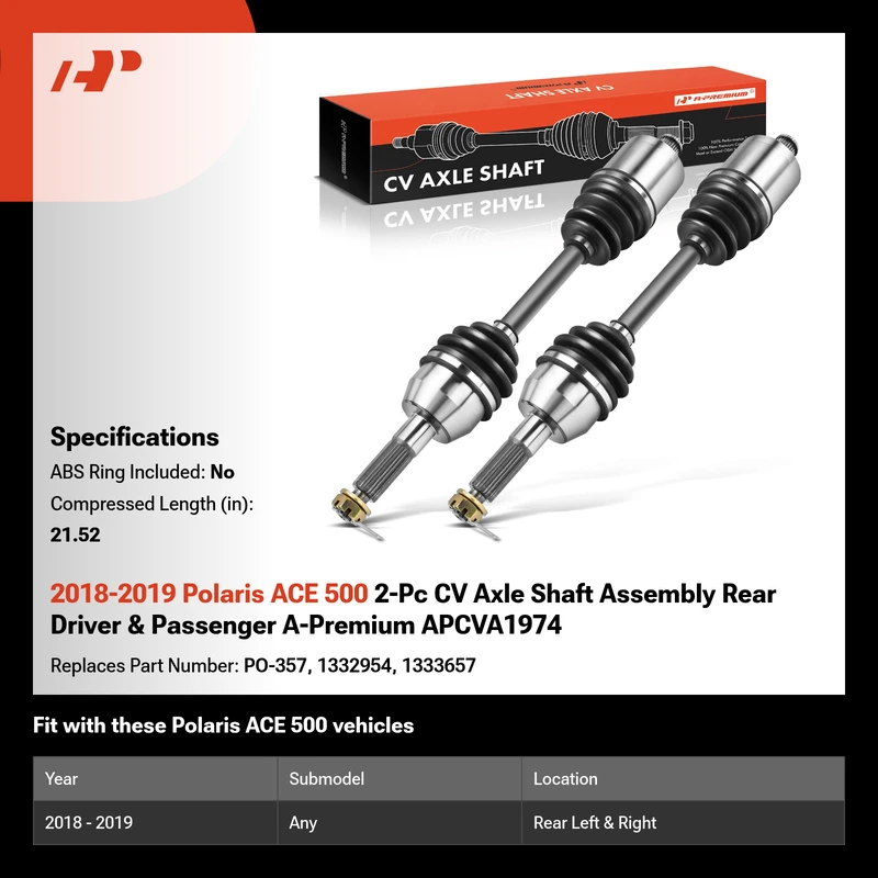 2018-2019 Polaris ACE 500 2-Pc CV Axle Shaft Assembly Rear Driver & Passenger A-Premium APCVA1974