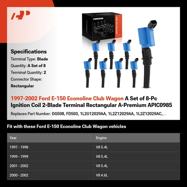 1997-2002 Ford E-150 Econoline Club Wagon A Set of 8-Pc Ignition Coil 2-Blade Terminal Rectangular A-Premium APIC0985