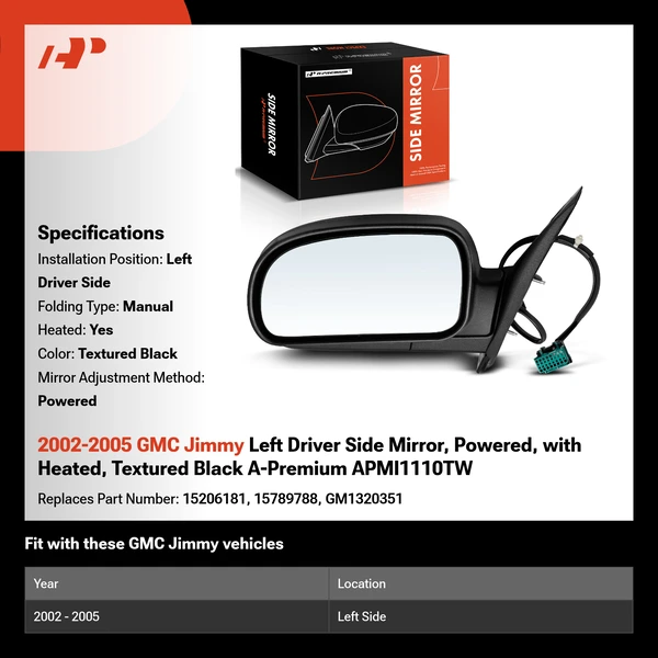 2002-2005 GMC Jimmy Left Driver Side Mirror, Powered, with Heated, Textured Black A-Premium APMI1110TW