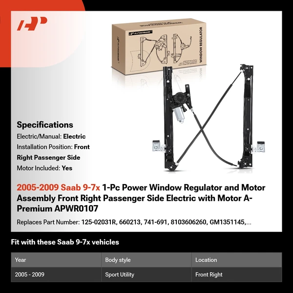 2005-2009 Saab 9-7x 1-Pc Power Window Regulator and Motor Assembly Front Right Passenger Side Electric with Motor A-Premium APWR0107