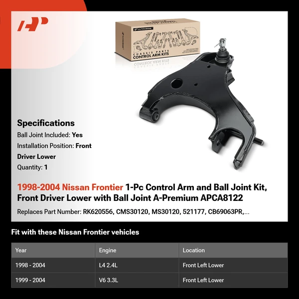 1998-2004 Nissan Frontier 1-Pc Control Arm and Ball Joint Kit, Front Driver Lower with Ball Joint A-Premium APCA8122