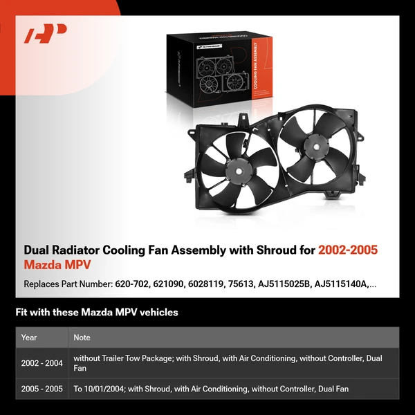 Dual Radiator Cooling Fan Assembly with Shroud for 2002-2005 Mazda MPV