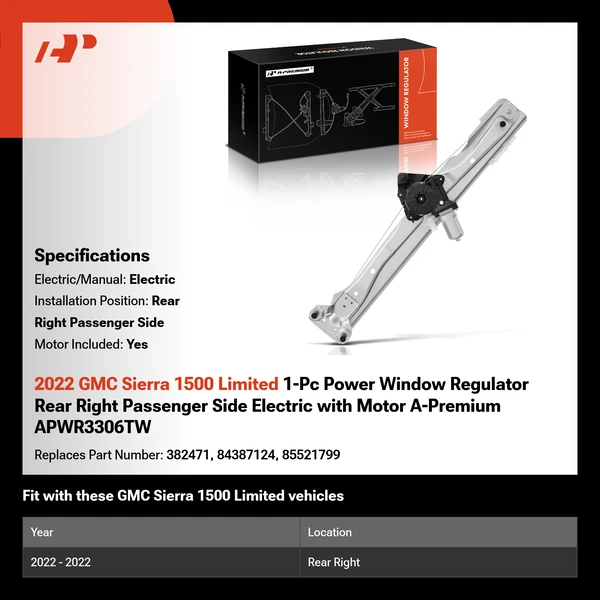 2022 GMC Sierra 1500 Limited 1-Pc Power Window Regulator Rear Right Passenger Side Electric with Motor A-Premium APWR3306TW