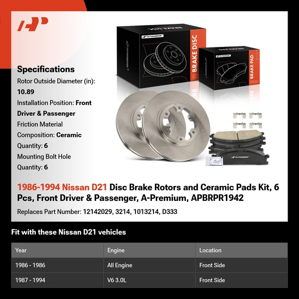 1986-1994 Nissan D21 Disc Brake Rotors and Ceramic Pads Kit, 6 Pcs, Front Driver & Passenger, A-Premium, APBRPR1942