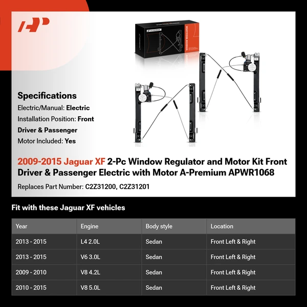 2009-2015 Jaguar XF 2-Pc Window Regulator and Motor Kit Front Driver & Passenger Electric with Motor A-Premium APWR1068