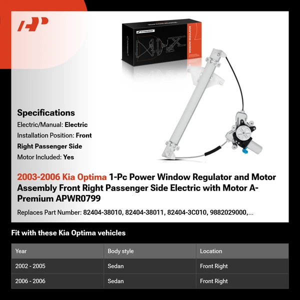 2003-2006 Kia Optima 1-Pc Power Window Regulator and Motor Assembly Front Right Passenger Side Electric with Motor A-Premium APWR0799