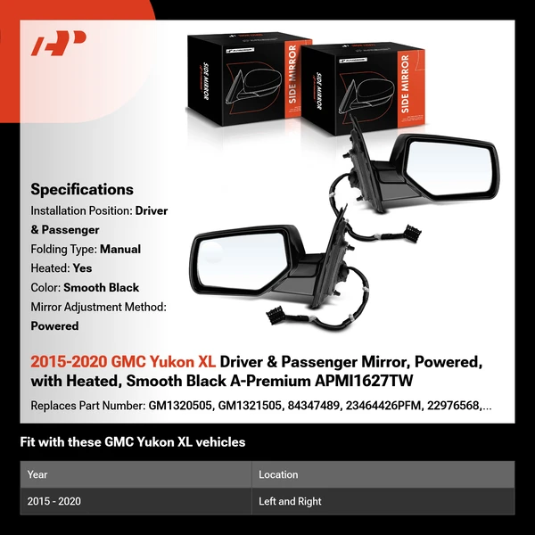 2015-2020 GMC Yukon XL Driver & Passenger Mirror, Powered, with Heated, Smooth Black A-Premium APMI1627TW